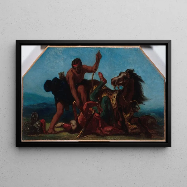 Hercules defeating Hippolyta, Queen of the Amazons - Eugène Delacroix — framed artwork on a wall