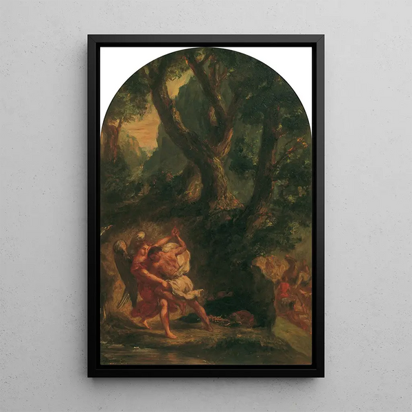 Jacob wrestling with the angel - Eugène Delacroix — framed artwork on a wall