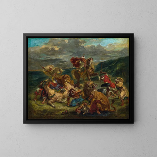 Lion Hunt - Eugène Delacroix — framed artwork on a wall