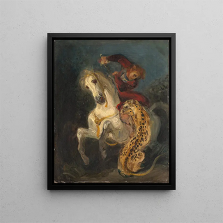 A rider attacked by a jaguar - Eugène Delacroix — framed artwork on a wall