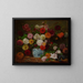 Still life with dahlias, zinnias, hollyhocks, and plums - Eugène Delacroix — framed artwork on a wall