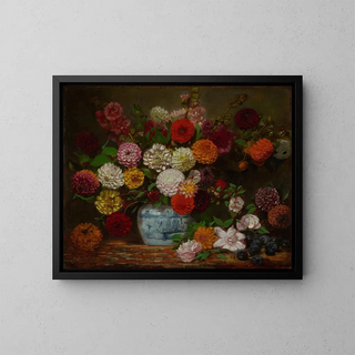 Still life with dahlias, zinnias, hollyhocks, and plums - Eugène Delacroix — framed artwork on a wall
