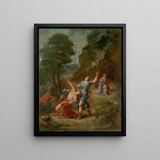 The Spring: Eurydice bitten by a snake while gathering flowers, the death of Eurydice - Eugène Delacroix — framed artwork on a wall