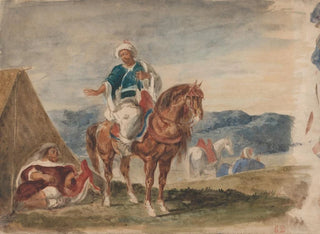 Three Arab horsemen in a camp - Eugène Delacroix — artwork view
