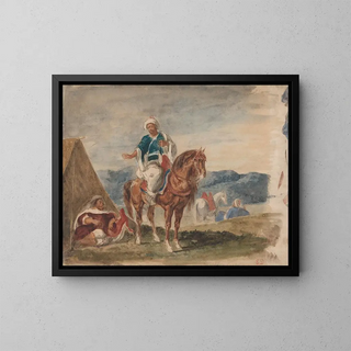 Three Arab horsemen in a camp - Eugène Delacroix — framed artwork on a wall