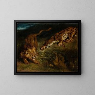 Tiger and Lion - Eugène Delacroix — framed artwork on a wall