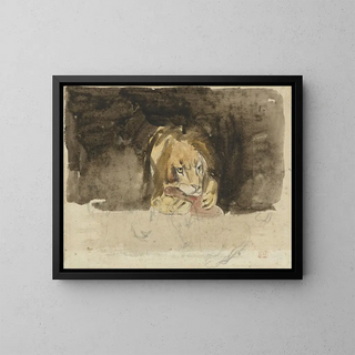 Lion carnivore vu de face sur un fond sombre - Eugène Delacroix — framed artwork on a wall