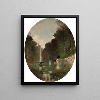 Romantic landscape painting with fountain - Eugène Deshayes — framed artwork on a wall