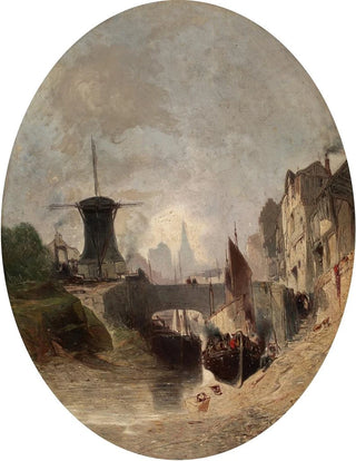 Romantic landscape painting with windmill - Eugène Deshayes — artwork view
