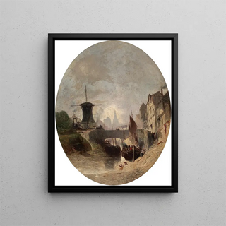 Romantic landscape painting with windmill - Eugène Deshayes — framed artwork on a wall