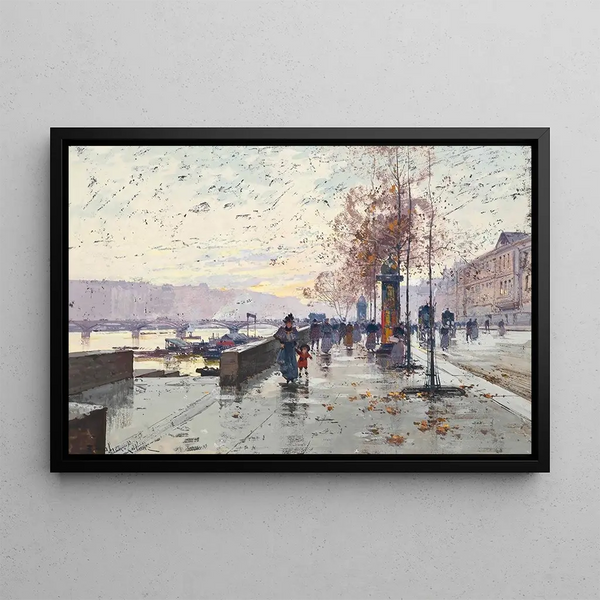 Figures at the Quai du Louvre Paris - Eugène Galien-Laloue — framed artwork on a wall