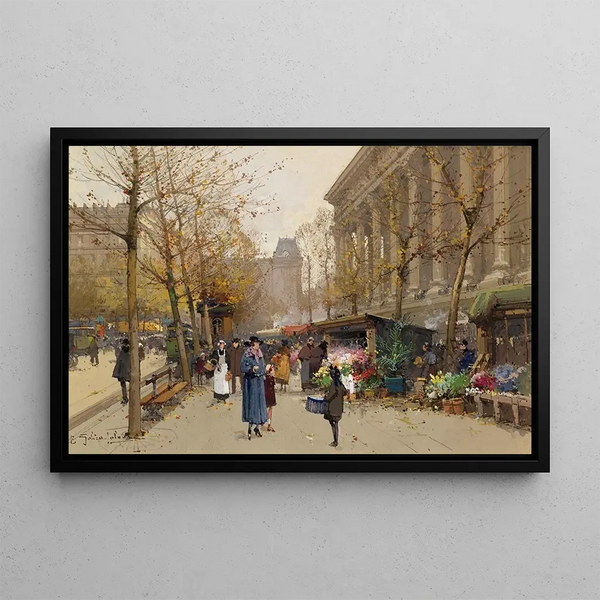 Marché aux fleurs La Madeleine - Eugène Galien-Laloue — framed artwork on a wall