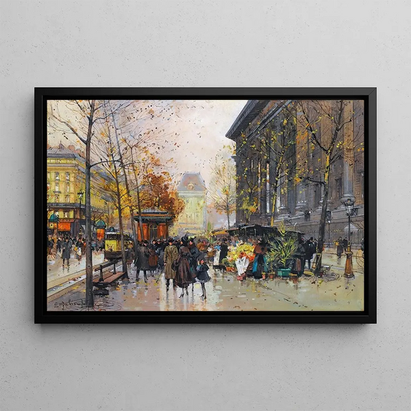 The Flower Market, La Madeleine - Eugène Galien-Laloue — framed artwork on a wall