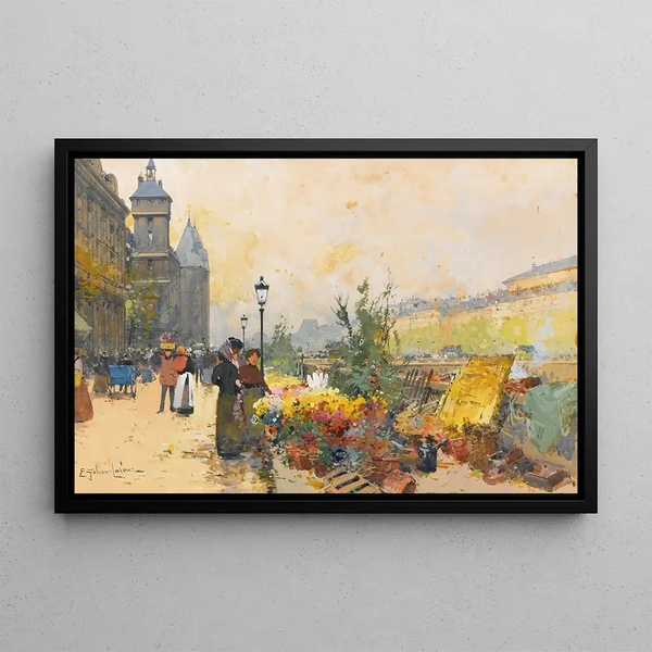 The Flower Market The City - Eugène Galien-Laloue — framed artwork on a wall