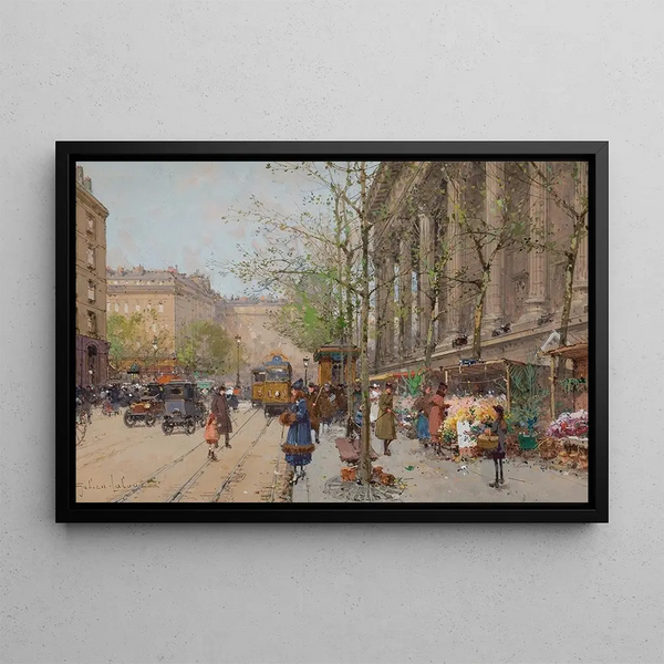 the Flower Market, Place de la Madeleine - Eugène Galien-Laloue — framed artwork on a wall