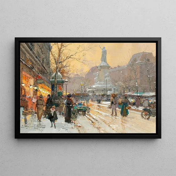 Paris Place de la République under the rain - Eugène Galien-Laloue — framed artwork on a wall