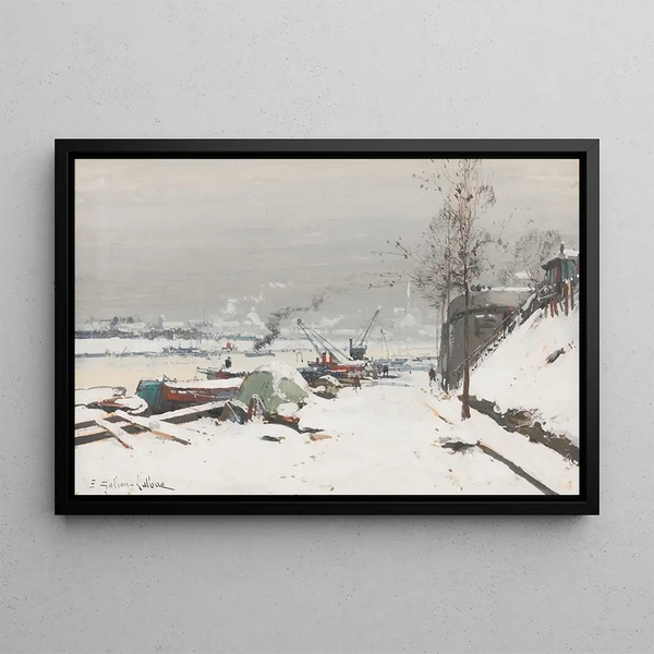 Quai de Bercy under the snow - Eugène Galien-Laloue — framed artwork on a wall