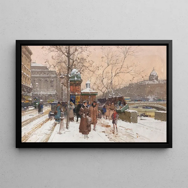Quai de la Mégisserie under the snow - Eugène Galien-Laloue — framed artwork on a wall