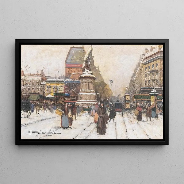 La place de Clichy sous la neige, Paris - Eugène Galien-Laloue — framed artwork on a wall