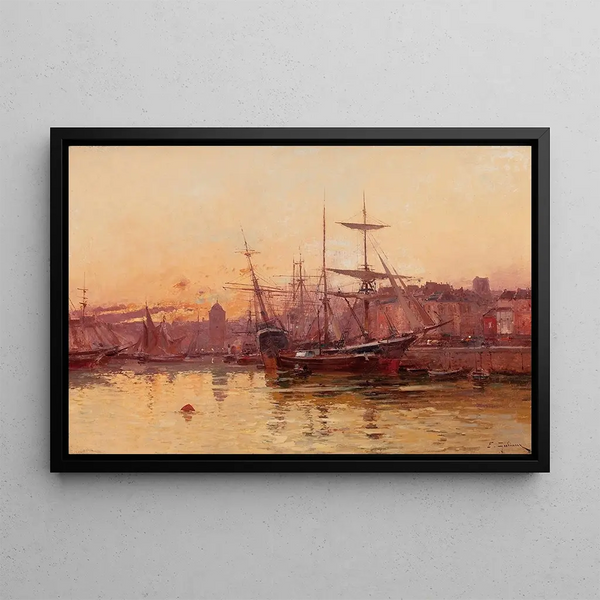 Voiliers quai en Normandie - Eugène Galien-Laloue — framed artwork on a wall