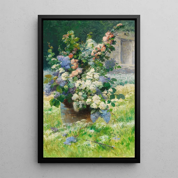 Branches de lilas et roses trémières - Eugène Henri Cauchois — framed artwork on a wall