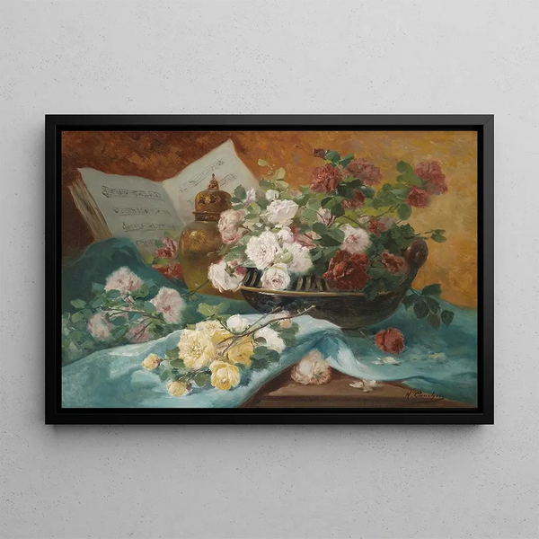 Still life with roses in a bowl - Eugène Henri Cauchois — framed artwork on a wall