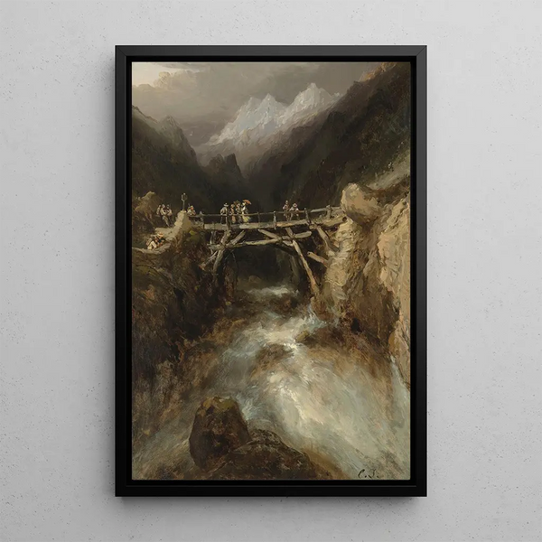 a painting of a bridge with travelers crossing a torrent in the Pyrenees - Eugène Isabey — framed artwork on a wall