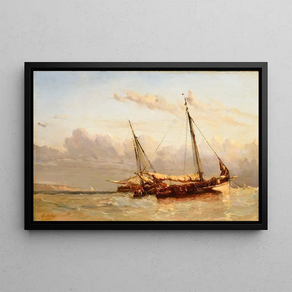 Fishing Boats Painting - Eugène Isabey — framed artwork on a wall