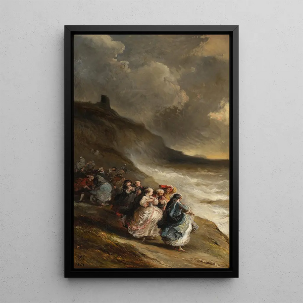 Elegant figures near turbulent seas - Eugène Isabey — framed artwork on a wall