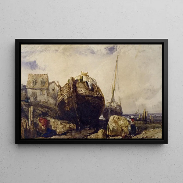 Fishing Boats Painting - Eugène Isabey — framed artwork on a wall