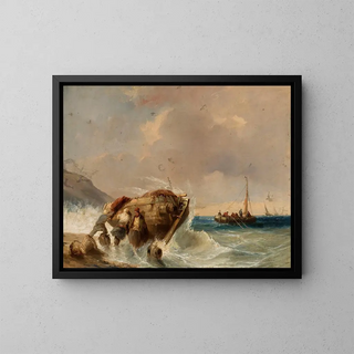 Bateau de pêche au bord de la mer - Eugène Isabey — framed artwork on a wall