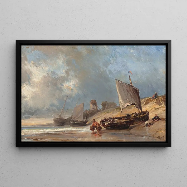 Fishermen at Low Tide - Eugène Isabey — framed artwork on a wall