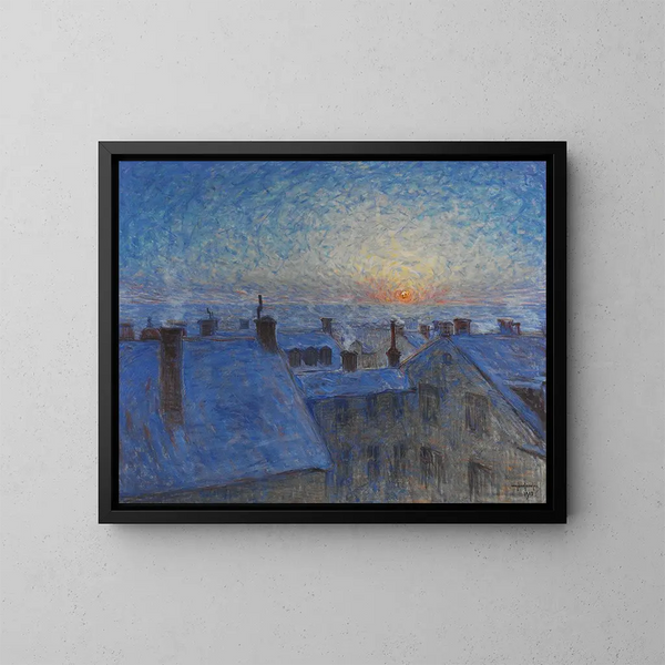 Sunrise over the rooftops, Stockholm motif - Eugène Jansson — framed artwork on a wall
