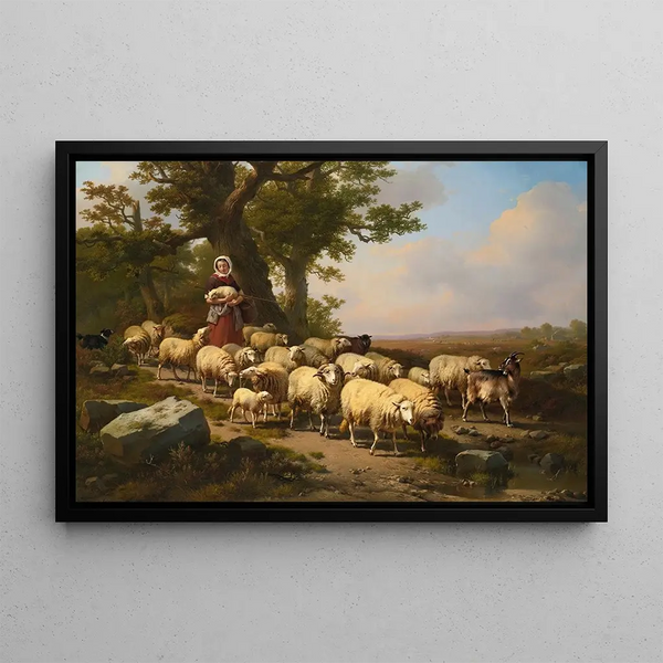 a Shepherdess with her flock - Eugène Joseph Verboeckhoven — framed artwork on a wall