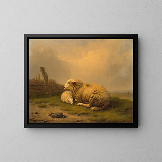 a sheep and a lamb resting - Eugène Joseph Verboeckhoven — framed artwork on a wall