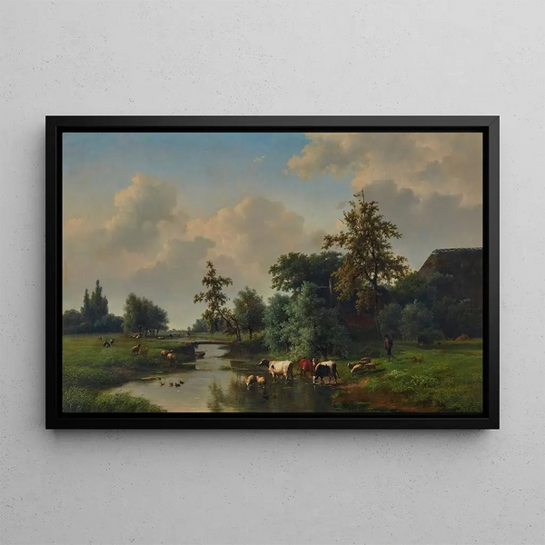 Farm Animals Painting near a Stream - Eugène Joseph Verboeckhoven — framed artwork on a wall