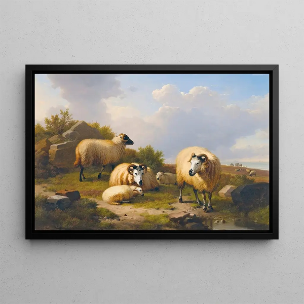 Sheep in an Scottish landscape - Eugène Joseph Verboeckhoven — framed artwork on a wall