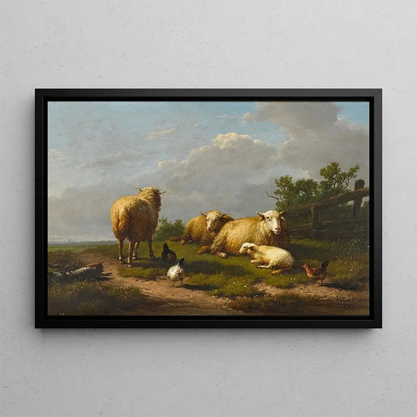 Sheep and Chickens in a Landscape - Eugène Joseph Verboeckhoven — framed artwork on a wall