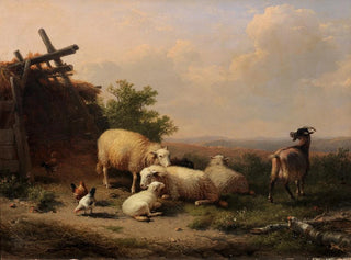 Sheep, goats, and poultry near a shelter in a hilly landscape - Eugène Joseph Verboeckhoven — artwork view