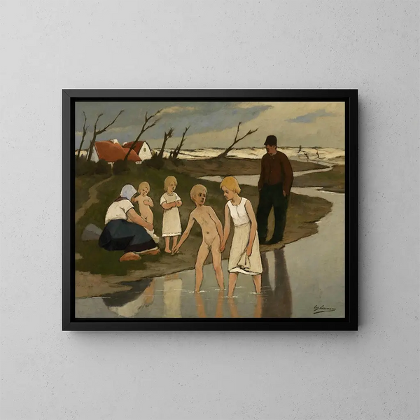 Children bathing painting - Eugène Laermans — framed artwork on a wall
