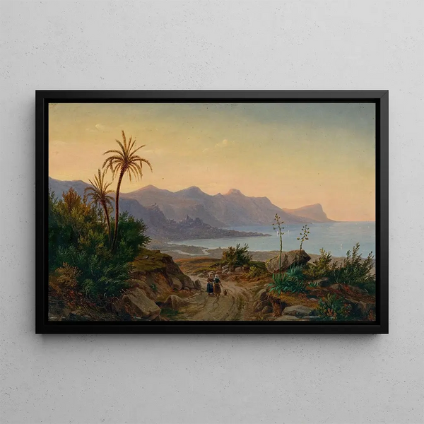 Coastal landscape painting with palm trees - Eugène von Guérard — framed artwork on a wall
