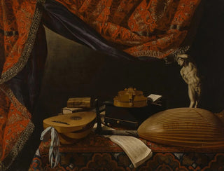 Still life with musical instruments, books, and sculpture - Evaristo Baschenis — artwork view