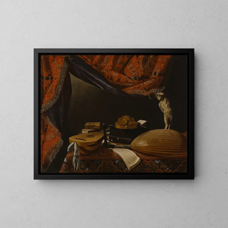 Still life with musical instruments, books, and sculpture - Evaristo Baschenis — framed artwork on a wall