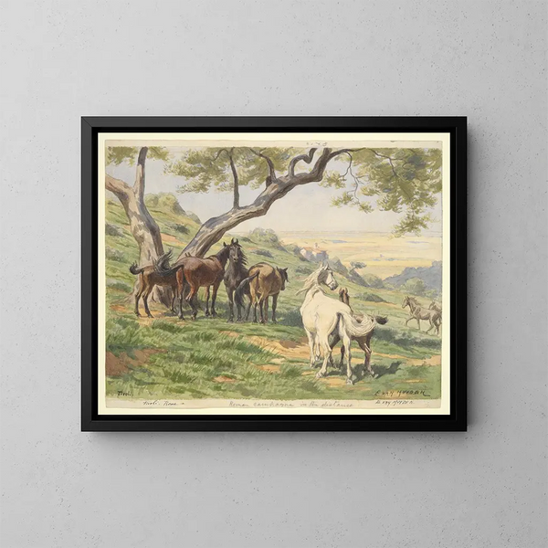 Horses in a field at Tivoli - Évart Louis van Muyden — framed artwork on a wall