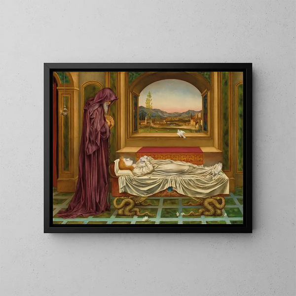 The Wandering Jew Loved by the Gods Dies Young - Evelyn De Morgan — framed artwork on a wall