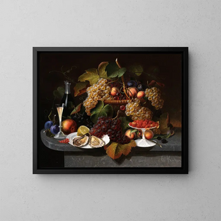 Still life with fruits, oysters, and wine - Everhardus Kuhl — framed artwork on a wall