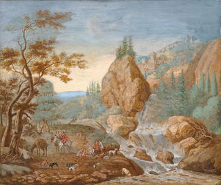 Mountain landscape painting with a hunt in the foreground - F.C. van Bracht — artwork view
