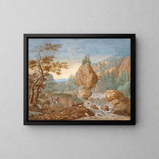 Mountain landscape painting with a hunt in the foreground - F.C. van Bracht — framed artwork on a wall