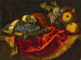 a mandolin with a music book on a blue and gold cushion with fruits on a partially draped ledge - Francesco Fieravino — artwork view