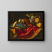a mandolin with a music book on a blue and gold cushion with fruits on a partially draped ledge - Francesco Fieravino — framed artwork on a wall